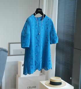 镂空刺绣蕾丝花边冷湖蓝巨显白娃娃衫