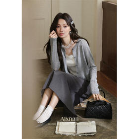 鹿向南「月缠织纹」灰色长袖毛针织衫秋季新款通勤圆领镂空开衫女