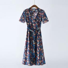 「自」全新升级【铂金会员330/天猫439/差价109】(13555)洛诗琳复古气质印花连衣裙2025夏季新款V领显瘦系带裙女