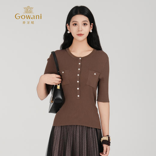 乔万尼新品时尚法式大圆领显瘦修身针织T恤EZ2M122 商品图2