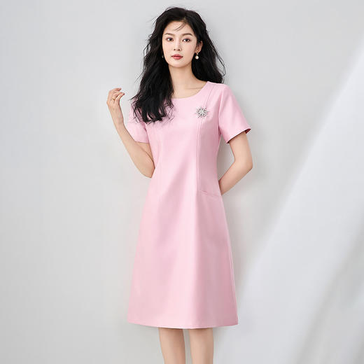 「高货wl」全新升级【铂金会员330/天猫439/差价109】(94742)洛诗琳气质精仿斜纹丝毛连衣裙2025夏季圆领简约收腰裙子 商品图0