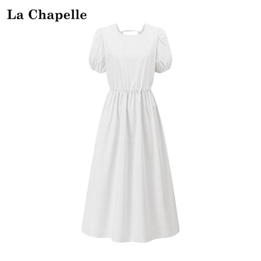 会员福利【100棉！透气亲肤】拉夏贝尔/La Chapelle法式纯色圆领后背交叉系带泡泡袖连衣裙长裙女 商品图1