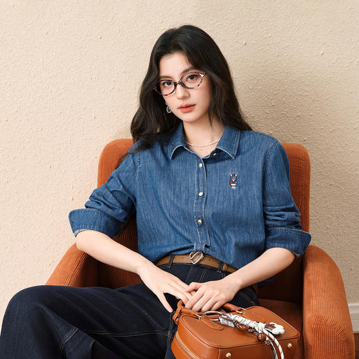 【严选】诗凡黎纯棉牛津纺猫咪刺绣牛仔衬衫2025秋新款通勤显瘦上衣外套女7G7120821 商品图0