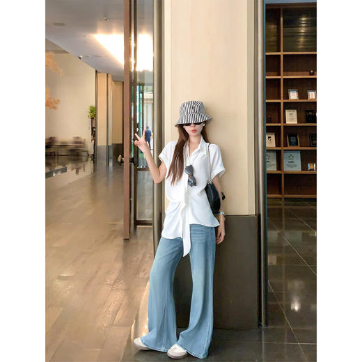 <曾小咸推荐>韩系白色绑带设计感显瘦短袖衬衫 商品图4