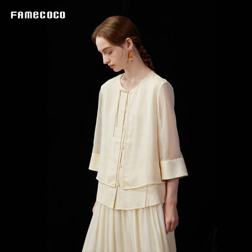 设计师品牌FAMECOCO中式盘扣七分袖圆领衬衫上衣25夏新FAD3BA003 商品图1