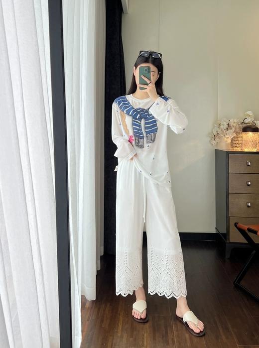 法式刺绣镂空花边纯棉休闲直筒八九分阔腿裤 商品图6