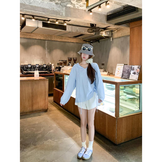 <曾小咸推荐>韩系浅色系连帽套头系带长袖T恤 商品图3