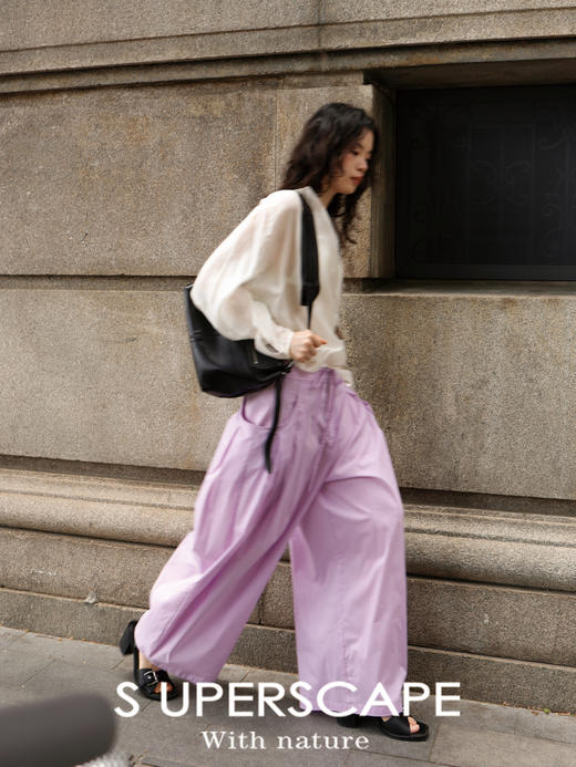 素舶 棉混纺轻盈透气抽绳大口袋褶间腰部系带设计感气球裤休闲裤 商品图4