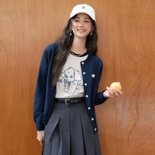 【严选】诗凡黎海岛长绒棉爱心圆领针织衫2025秋新款经典百搭柔软毛衣开衫7G7330941 商品图0