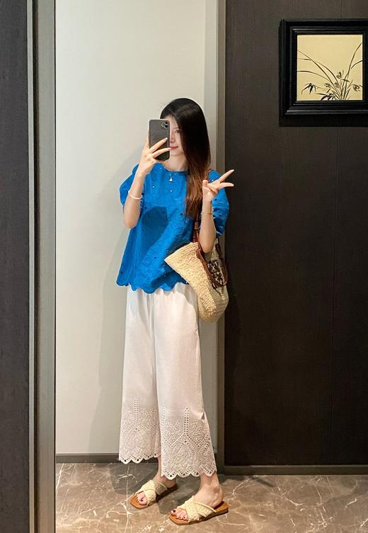 法式刺绣镂空花边纯棉休闲直筒八九分阔腿裤 商品图2