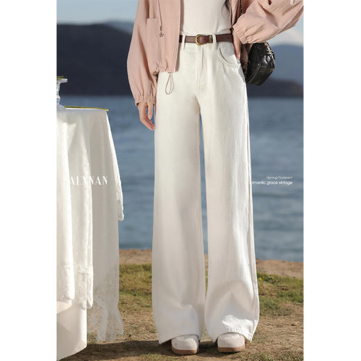 鹿向南「浅日漫行」初秋白色高腰直筒牛仔裤女小个子通勤百搭长裤 商品图0