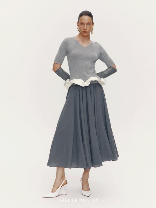 【摩天轮微光】腰部镂空设计绵羊毛混纺大摆半裙 商品图0