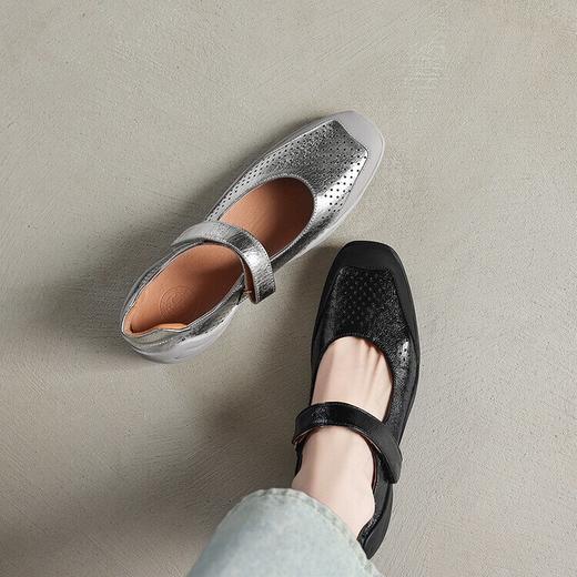 【预售5天】羊皮版~新款韩版小众方头芭蕾风休闲浅口魔术贴一字带单鞋女DTN&D158-1 商品图4