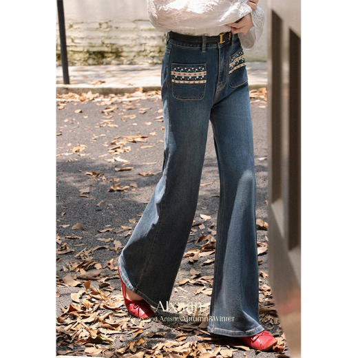 鹿向南「阿莫蓝调」蓝色复古高腰牛仔裤女秋修身显瘦直筒阔腿长裤 商品图4