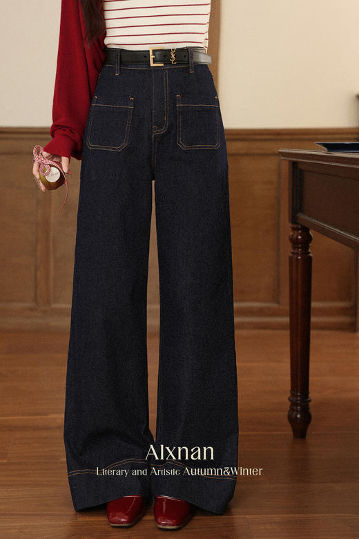鹿向南「复古计划」深蓝色高腰复古牛仔裤女秋季显瘦阔腿直筒长裤L56716 商品图5
