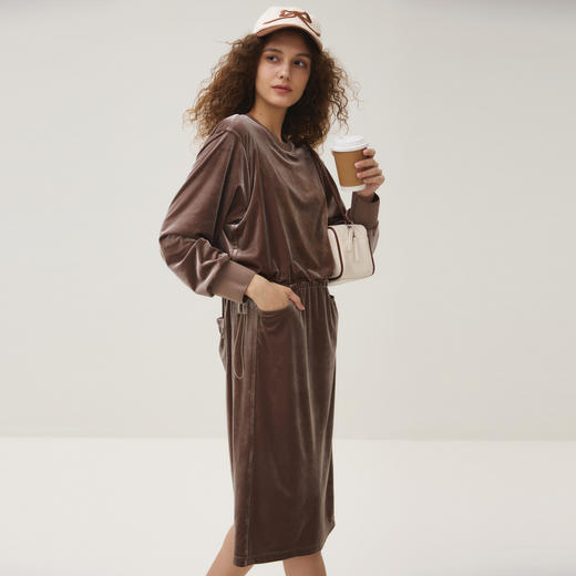 谜底连衣裙长袖女2025秋季新品丝绒抽绳腰手绘印花长裙253ML1230 商品图1