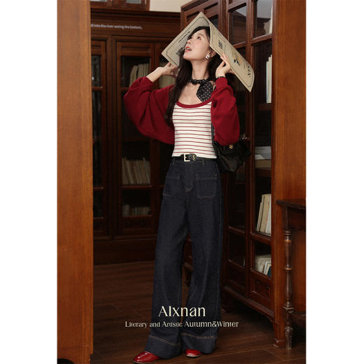 鹿向南「复古计划」深蓝色高腰复古牛仔裤女秋季显瘦阔腿直筒长裤L56716 商品图2