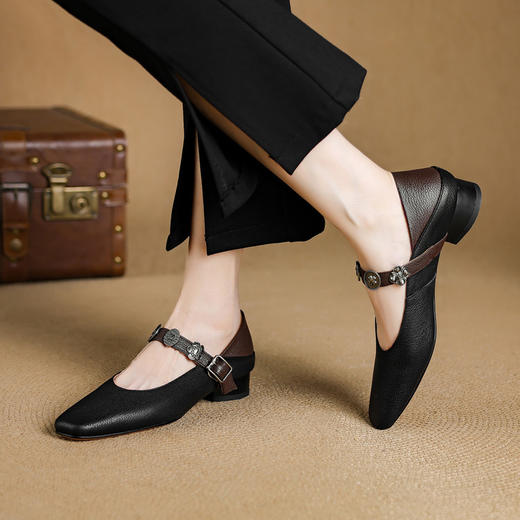 【预售5天】法式浅口一字带粗跟单鞋女夏季新款百搭软底玛丽珍鞋拼色NJMK&K1695 商品图4