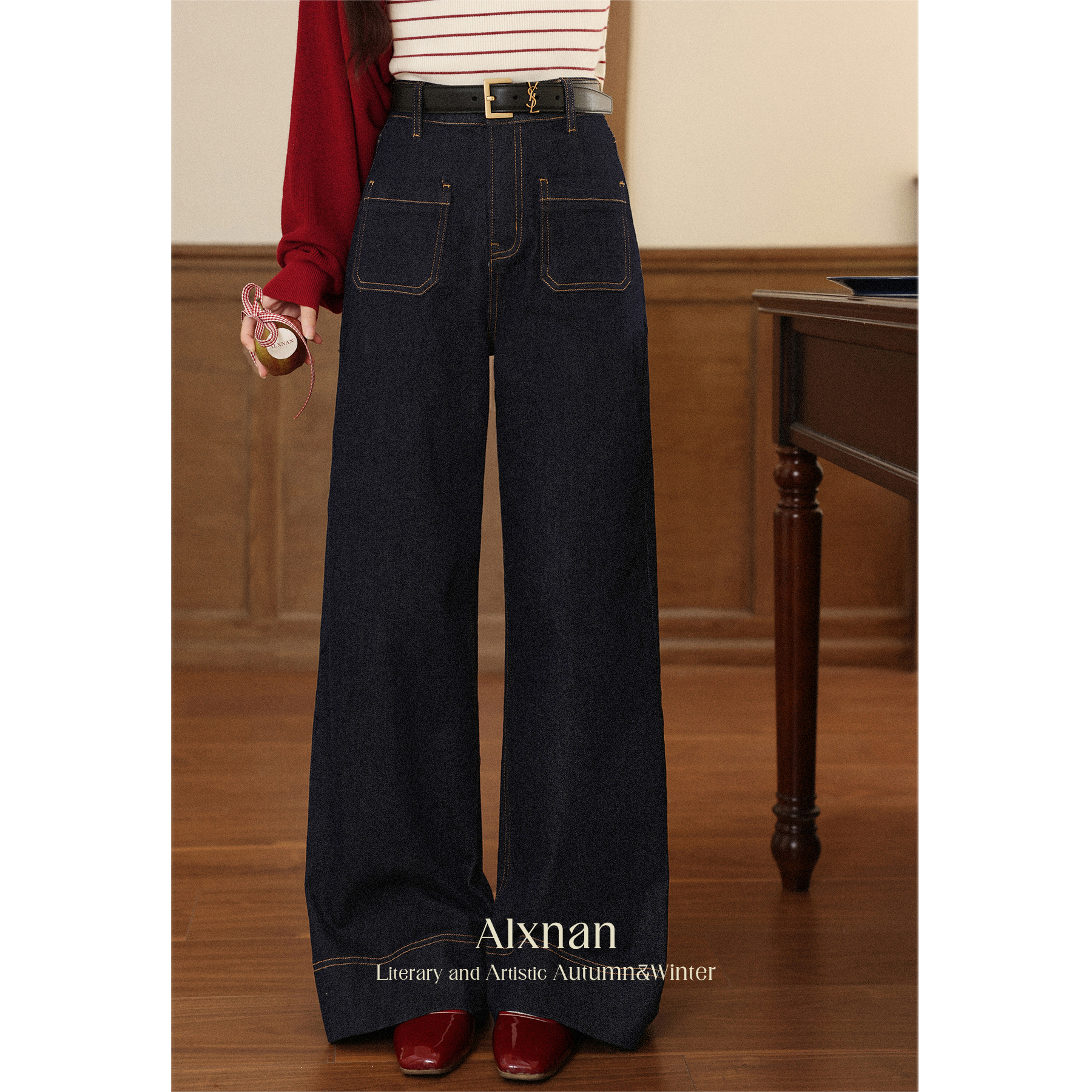 鹿向南「复古计划」深蓝色高腰复古牛仔裤女秋季显瘦阔腿直筒长裤L56716