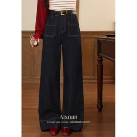 【65折秒杀】鹿向南「复古计划」深蓝色高腰复古牛仔裤女秋季显瘦阔腿直筒长裤L56716