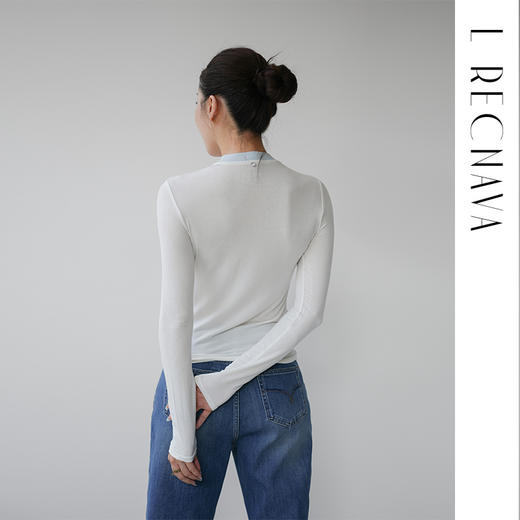 L RECNAVA 撞色领口假两件长袖 亲肤软糯 弹力不变形人棉打底衫 商品图5