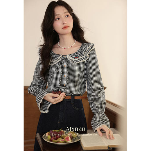 【6折秒杀】鹿向南「微熹樱红」法式黑白格子娃娃领衬衫女秋宽松显瘦长袖上衣L56770 商品图3