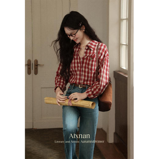 【6折秒杀】鹿向南「百丽甜酒」红色格子防晒外搭衬衫女初秋薄款长袖外套上衣 商品图2