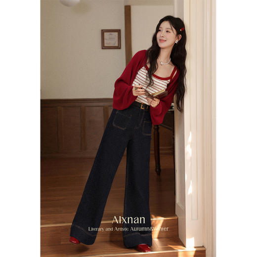 鹿向南「复古计划」深蓝色高腰复古牛仔裤女秋季显瘦阔腿直筒长裤L56716 商品图3