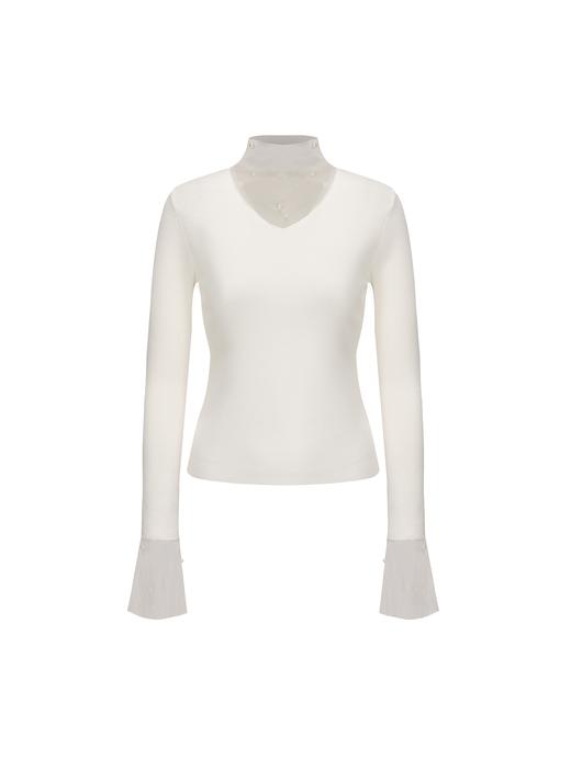 【清晨微光】珍珠点缀纱纱拼接针织上衣 商品图4