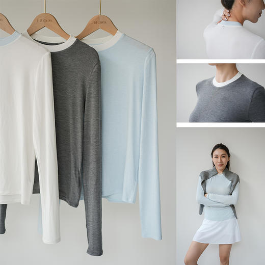 L RECNAVA 撞色领口假两件长袖 亲肤软糯 弹力不变形人棉打底衫 商品图1