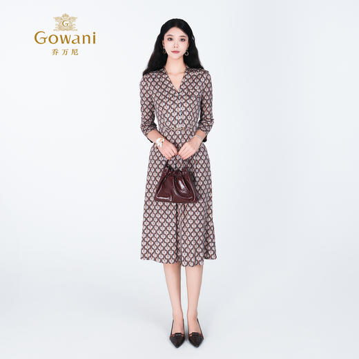 乔万尼马赛克咖啡印花100%真丝收腰显瘦连衣裙ED2E493 商品图3