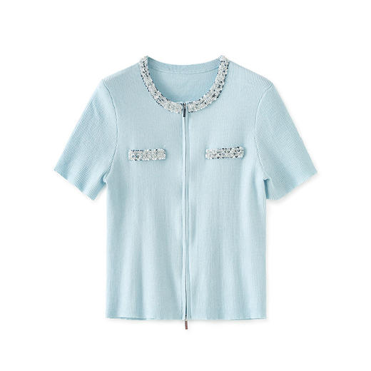 「高货wl」全新升级【铂金会员220/天猫289/差价69】(85259)洛诗琳重工圆领钉珠开衫2025夏季气质天丝短袖针织上衣 商品图4