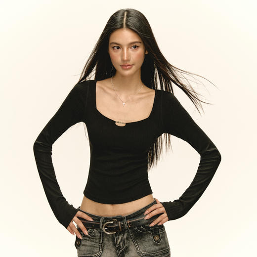 Ariseism 美式复古设计感长袖T恤女秋季新款辣妹修身上衣 商品图0