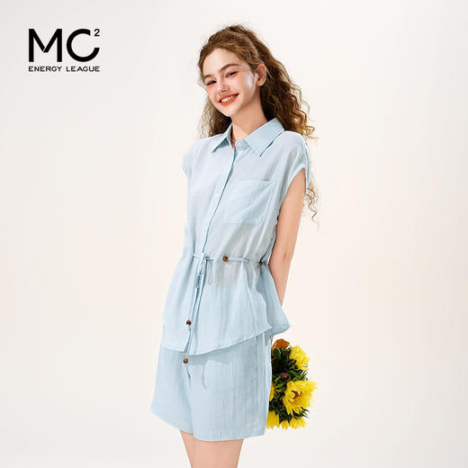 mc2无袖翻领小衫配短裤仿棉麻套装女两件套夏新款时尚洋气小个子 商品图1
