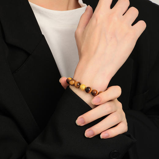 【七夕特惠】周大生足金虎眼石男士手串女黄金黑曜岩木变石手链转运珠生日礼物 商品图2