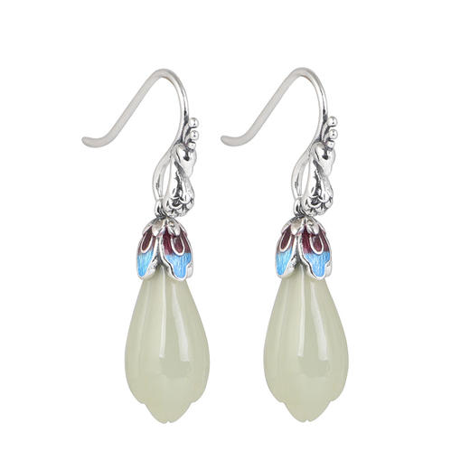 【幽兰雀舞】S925银珐琅复古国潮风和田玉兰花孔雀耳钩【SCH-TRS31279】 商品图4