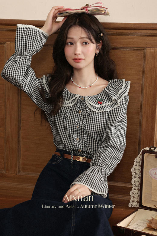 【6折秒杀】鹿向南「微熹樱红」法式黑白格子娃娃领衬衫女秋宽松显瘦长袖上衣L56770 商品图5