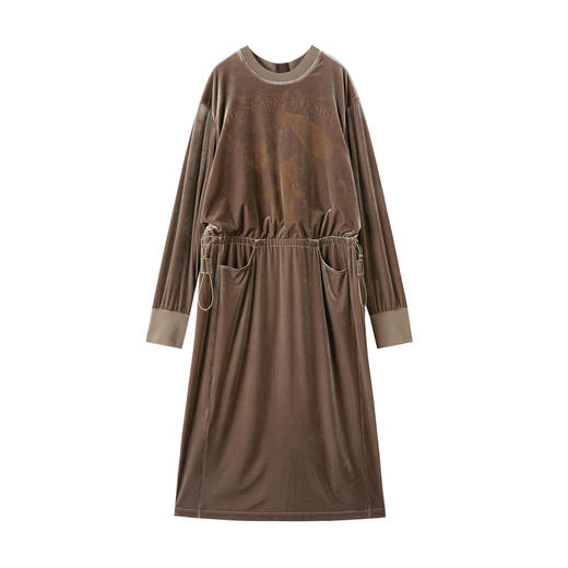 谜底连衣裙长袖女2025秋季新品丝绒抽绳腰手绘印花长裙253ML1230 商品图4