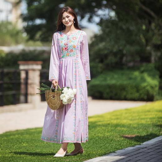 【林栖设计小店】（现货）婴儿棉连衣裙墨西哥绣花优雅宽松显瘦2025早秋新款长裙女T1953255 商品图1