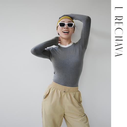 L RECNAVA 撞色领口假两件长袖 亲肤软糯 弹力不变形人棉打底衫 商品图0