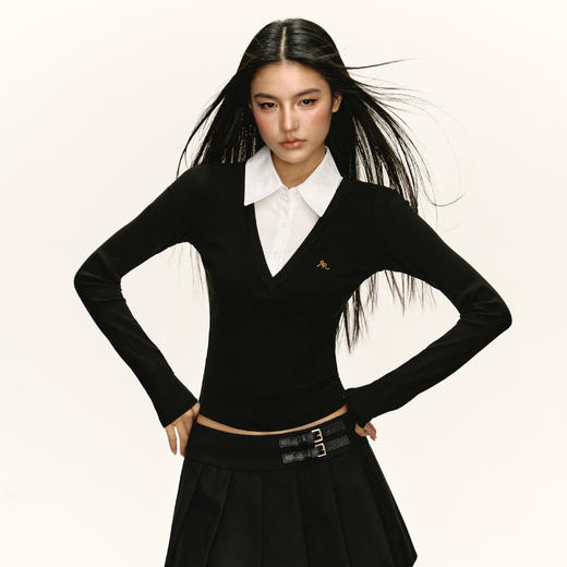 Ariseism 美式复古设计感假两件长袖T恤女秋季新款辣妹修身上衣 商品图3