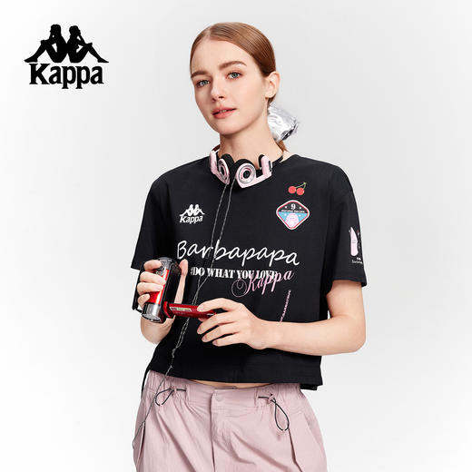 巴巴爸爸Kappa卡帕运动短袖女2025新款夏季休闲短款t恤宽松上衣K0F62TD76 黑色 商品图0