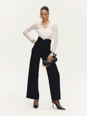 【翻页夜光】腰部两穿设计高腰阔腿长裤