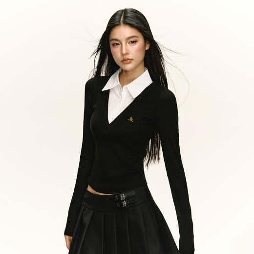 Ariseism 美式复古设计感假两件长袖T恤女秋季新款辣妹修身上衣 商品图0