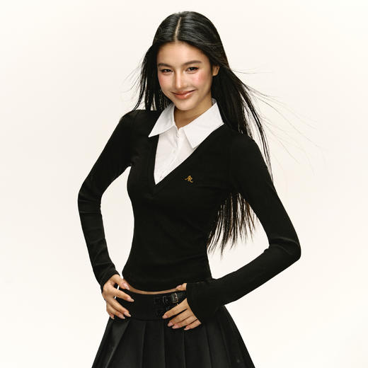 Ariseism 美式复古设计感假两件长袖T恤女秋季新款辣妹修身上衣 商品图2