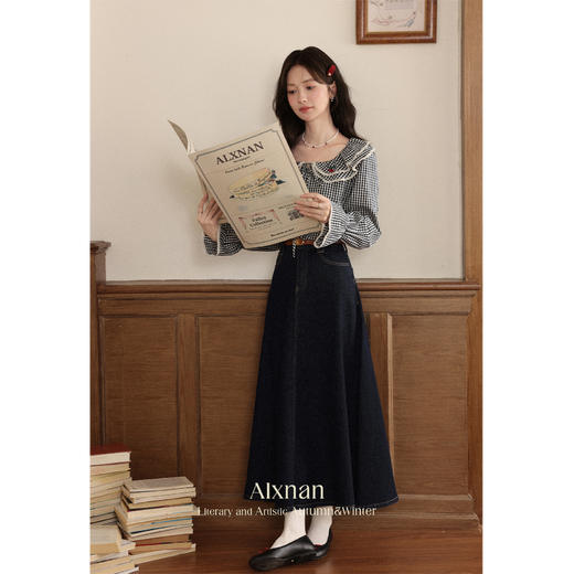 【6折秒杀】鹿向南「微熹樱红」法式黑白格子娃娃领衬衫女秋宽松显瘦长袖上衣L56770 商品图1