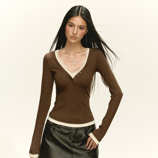 Ariseism 美式复古拼接蕾丝花边长袖T恤女秋季新款修身上衣 商品图2