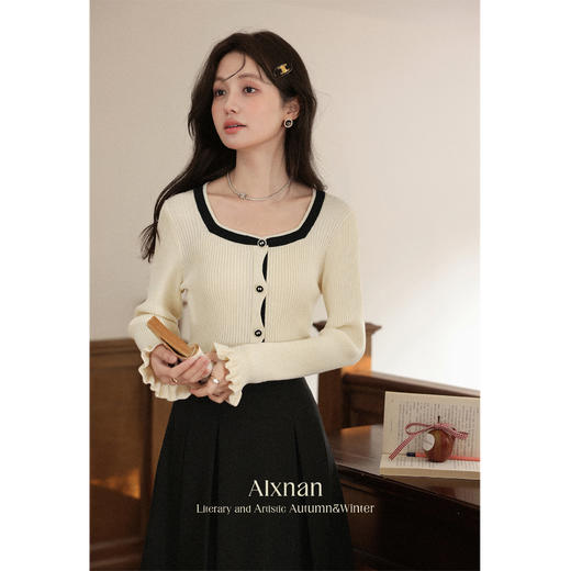 鹿向南「绵绵甜巧」杏色修身针织衫女早秋显瘦撞色高级感长袖上衣L56731 商品图3