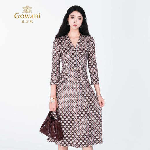 乔万尼马赛克咖啡印花100%真丝收腰显瘦连衣裙ED2E493 商品图1