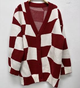 212 WS拼色格子V领毛织开衫30904（红） 秋季 312023032105